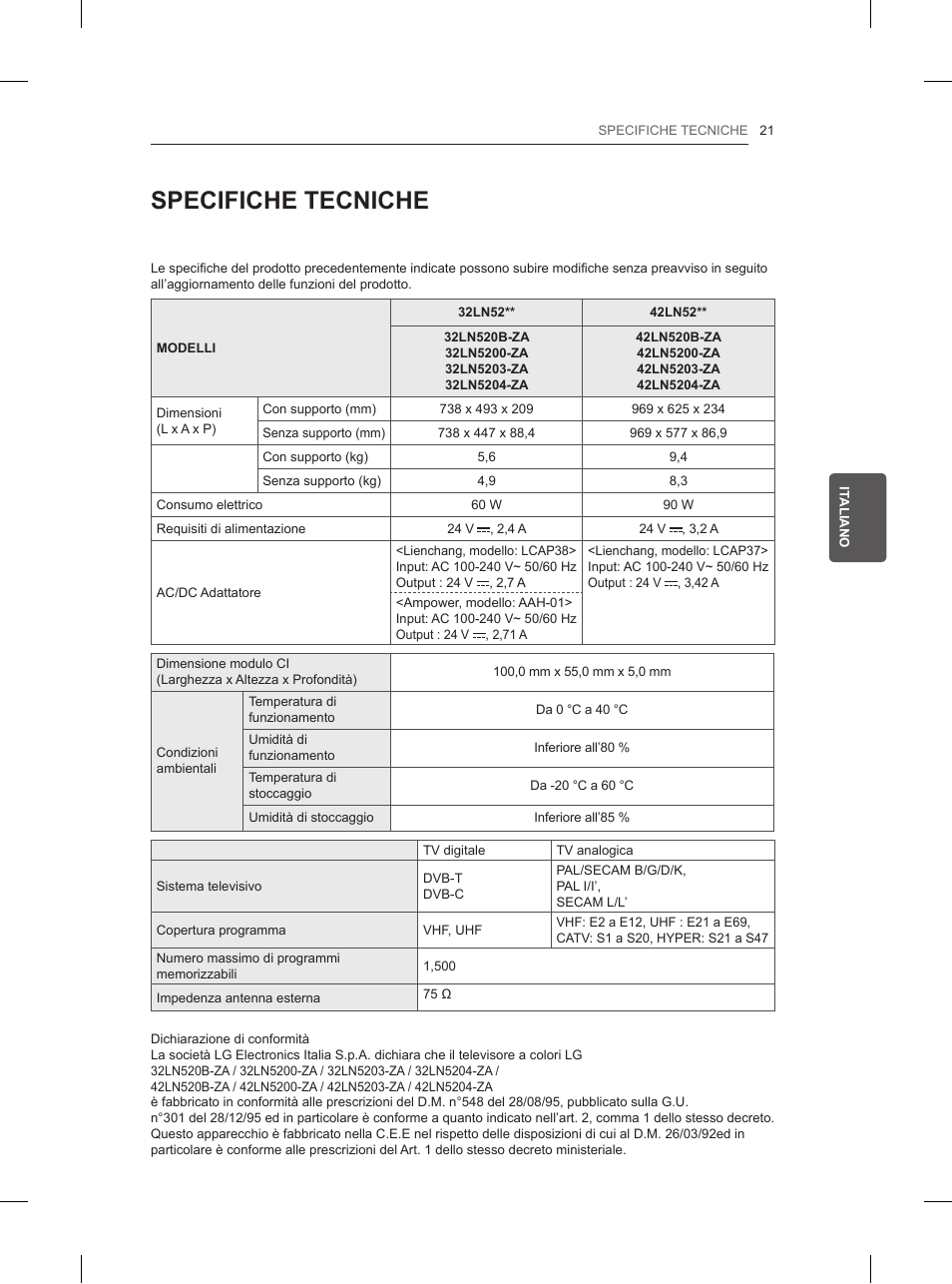 Specifiche tecniche | LG 42LN5200 User Manual | Page 103 / 208