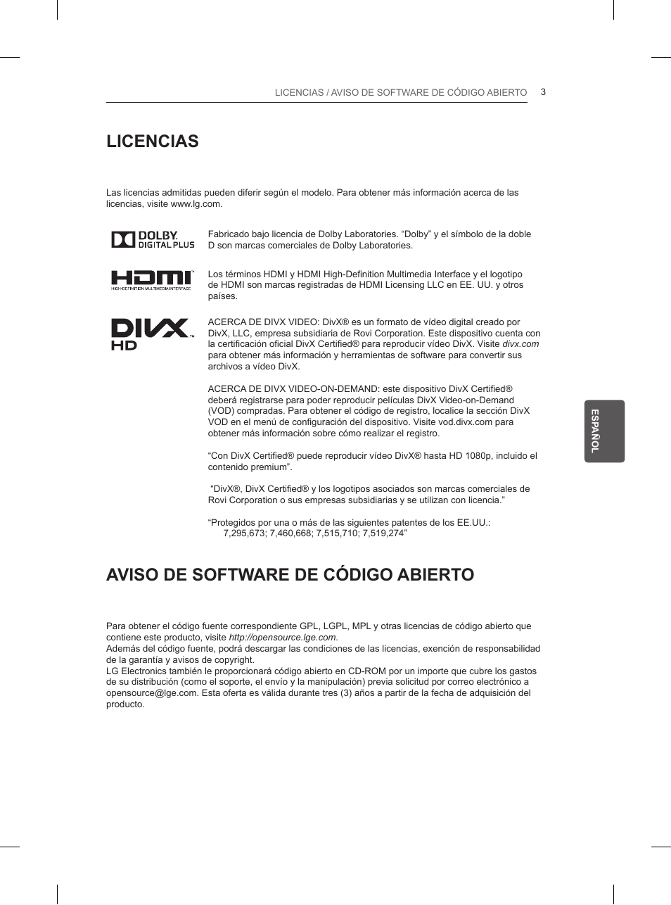 Licencias, Aviso de software de código abierto | LG 42LN5200 User Manual | Page 107 / 208