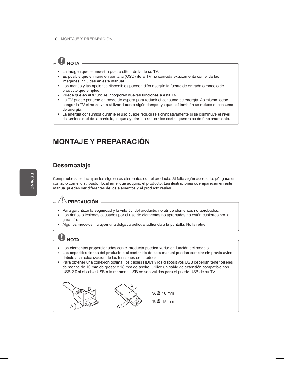 Montaje y preparación, Desembalaje | LG 42LN5200 User Manual | Page 114 / 208