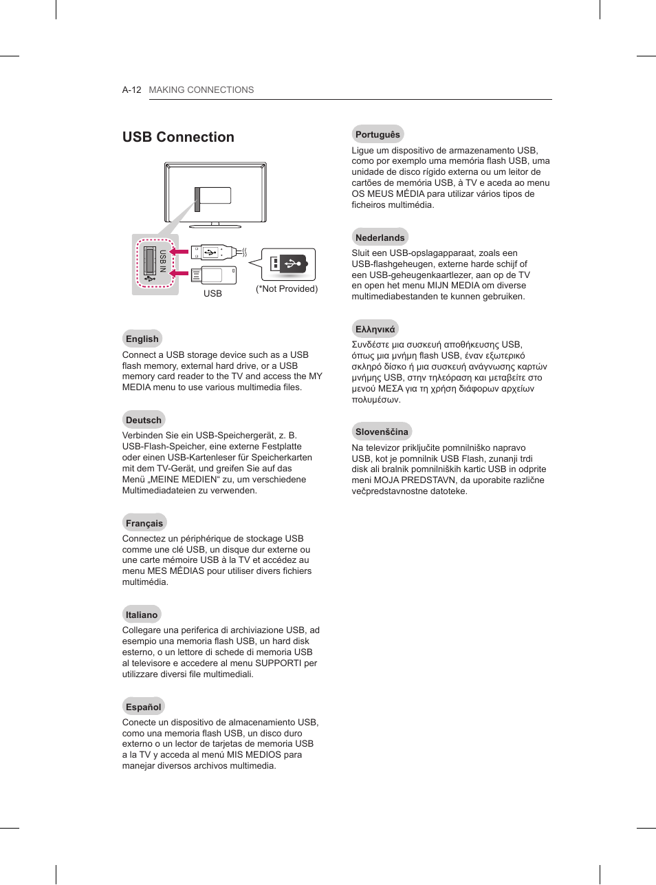 Usb connection | LG 42LN5200 User Manual | Page 12 / 208