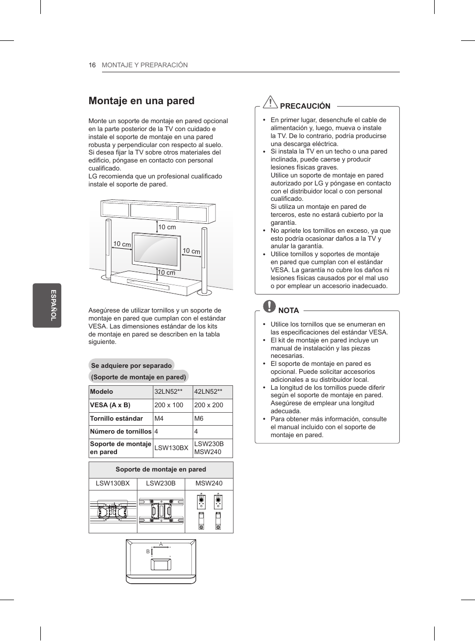 Montaje en una pared | LG 42LN5200 User Manual | Page 120 / 208