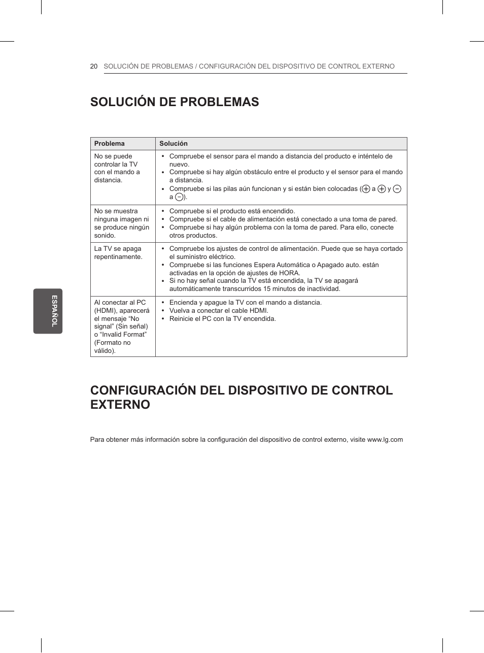 Solución de problemas, Configuración del dispositivo de control externo | LG 42LN5200 User Manual | Page 124 / 208