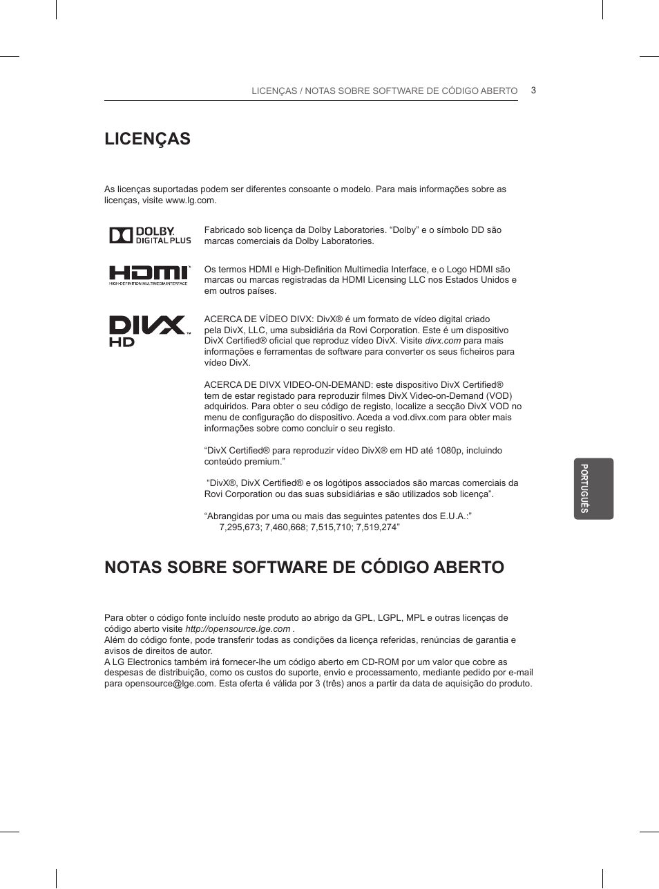 Licenças, Notas sobre software de código aberto | LG 42LN5200 User Manual | Page 127 / 208