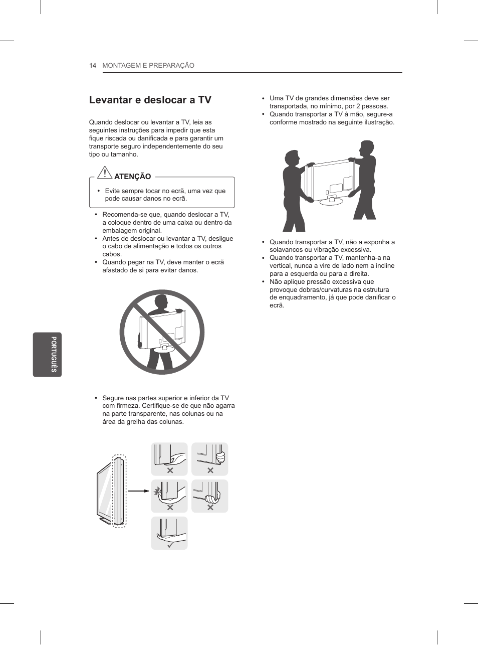 Levantar e deslocar a tv | LG 42LN5200 User Manual | Page 138 / 208