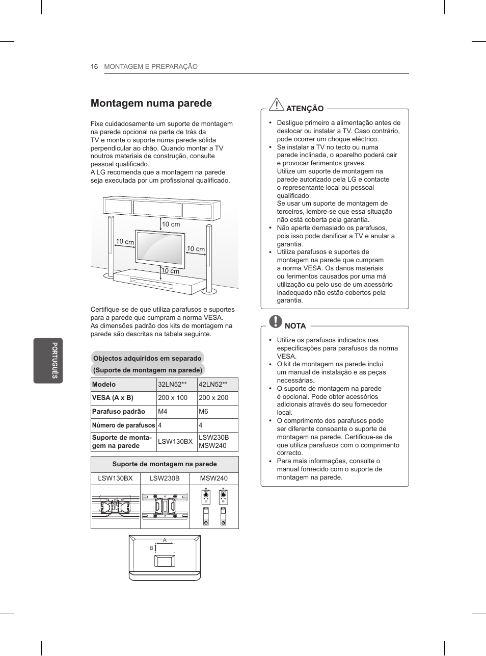 Montagem numa parede | LG 42LN5200 User Manual | Page 140 / 208