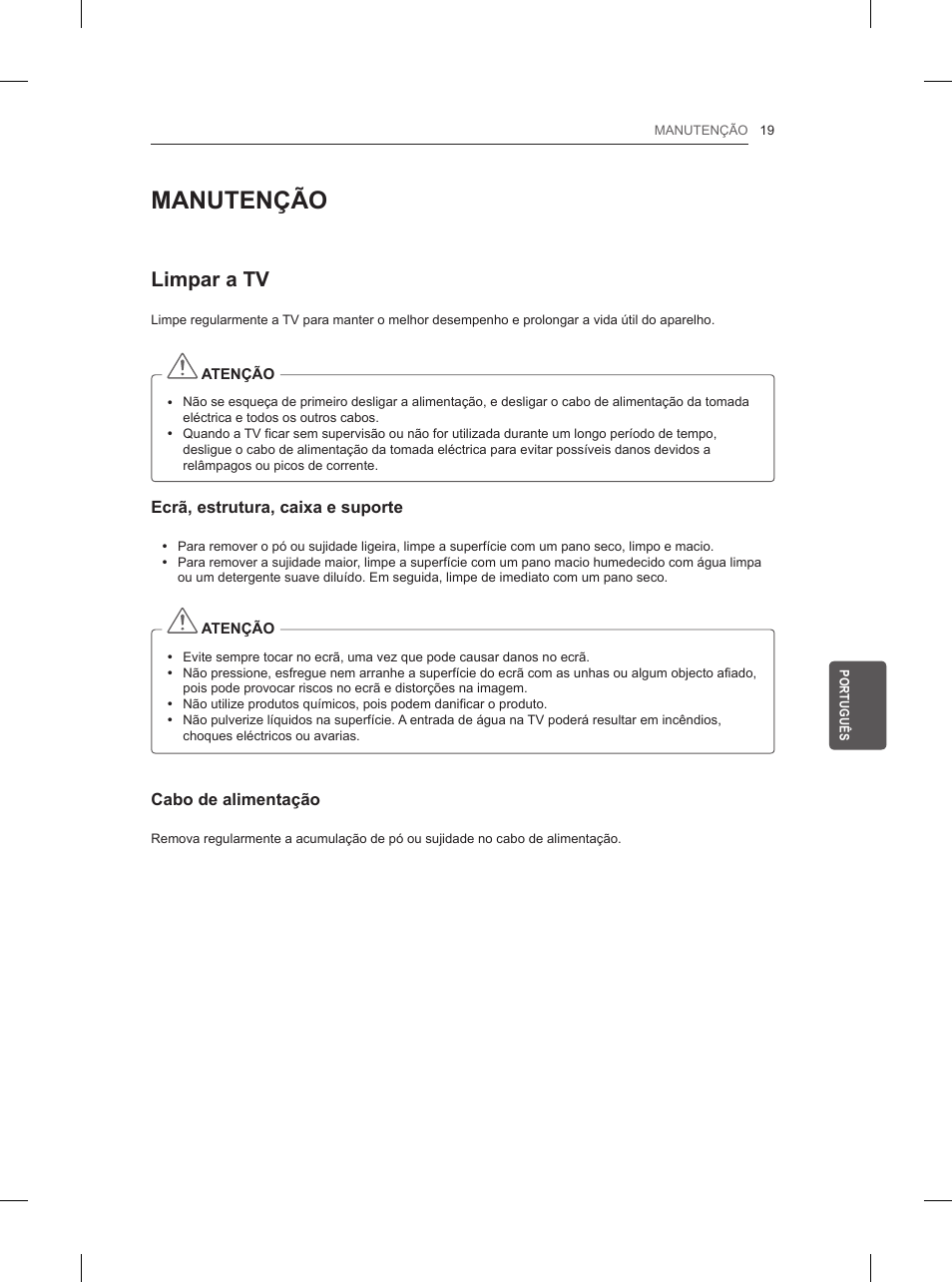 Manutenção, Limpar a tv | LG 42LN5200 User Manual | Page 143 / 208