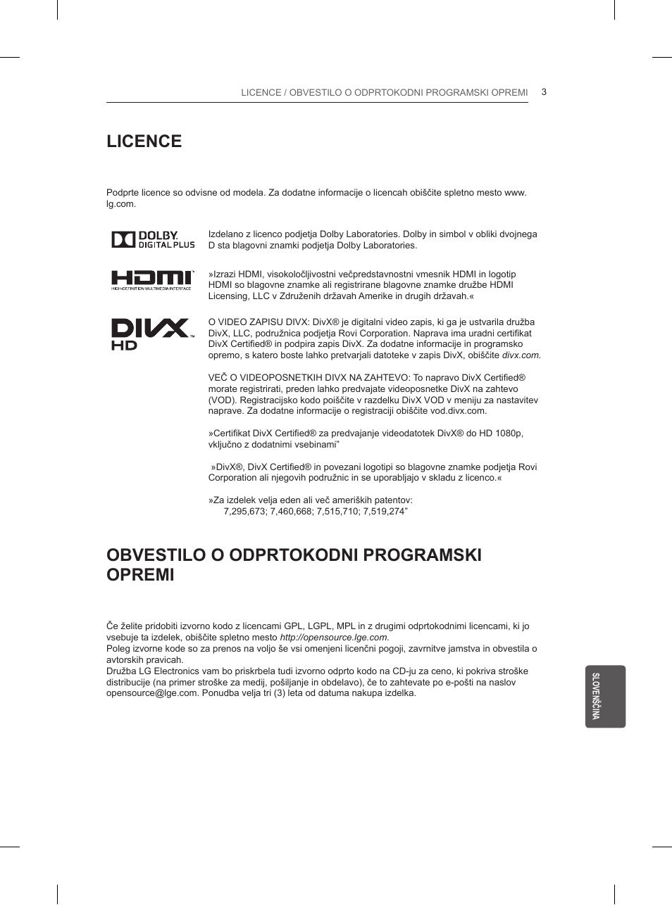 Licence, Obvestilo o odprtokodni programski opremi | LG 42LN5200 User Manual | Page 187 / 208