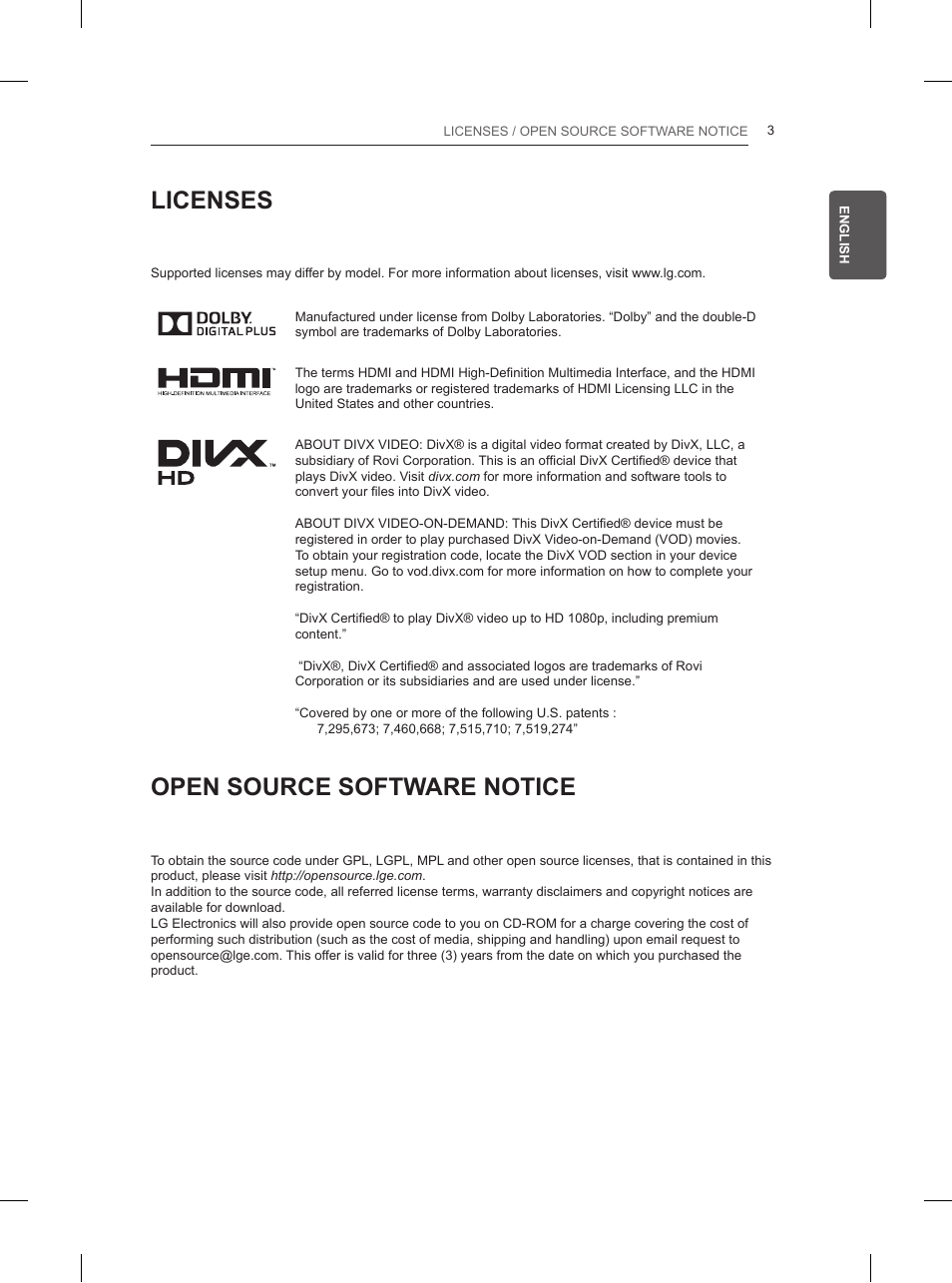 Licenses, Open source software notice | LG 42LN5200 User Manual | Page 25 / 208