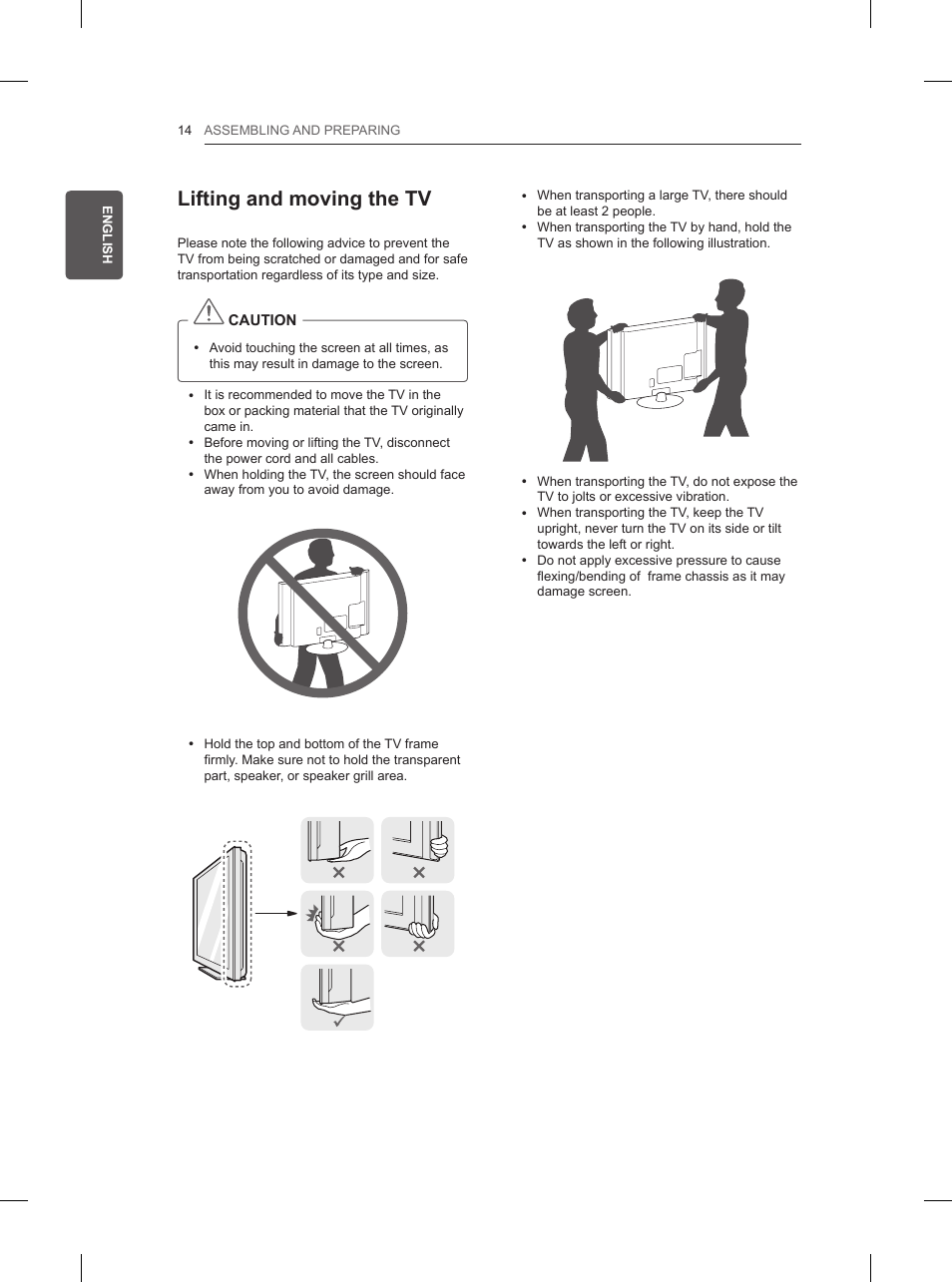 Lifting and moving the tv | LG 42LN5200 User Manual | Page 36 / 208