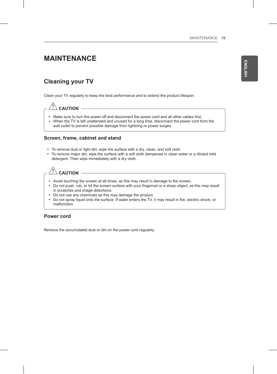 Maintenance, Cleaning your tv | LG 42LN5200 User Manual | Page 41 / 208