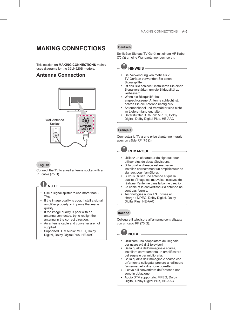 Making connections, Antenna connection | LG 42LN5200 User Manual | Page 5 / 208