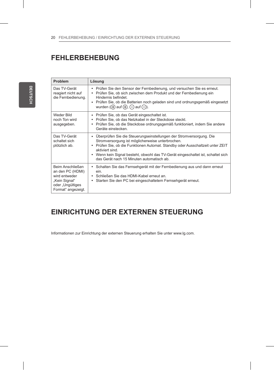 Fehlerbehebung, Einrichtung der externen steuerung | LG 42LN5200 User Manual | Page 62 / 208