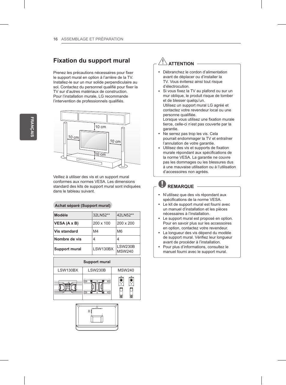 Fixation du support mural | LG 42LN5200 User Manual | Page 78 / 208