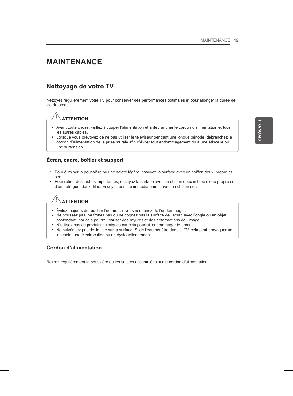 Maintenance, Nettoyage de votre tv | LG 42LN5200 User Manual | Page 81 / 208
