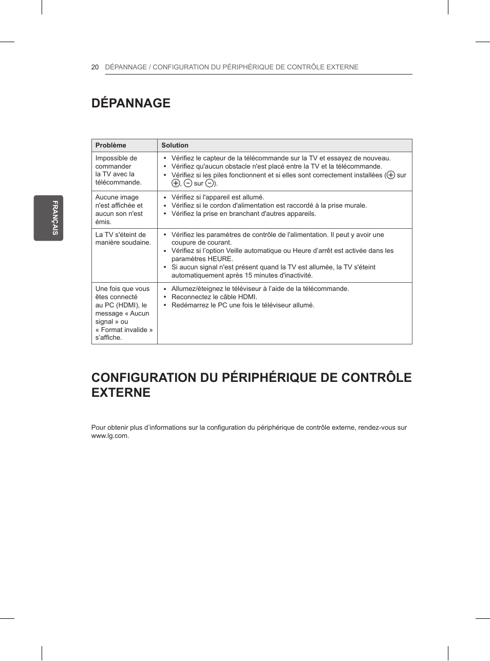 Dépannage, Configuration du périphérique de contrôle externe | LG 42LN5200 User Manual | Page 82 / 208