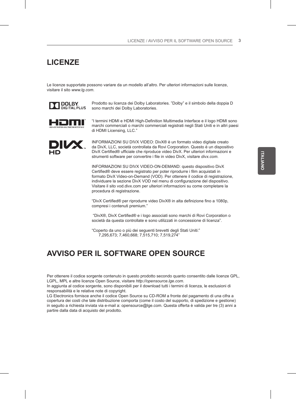 Licenze, Avviso per il software open source | LG 42LN5200 User Manual | Page 85 / 208