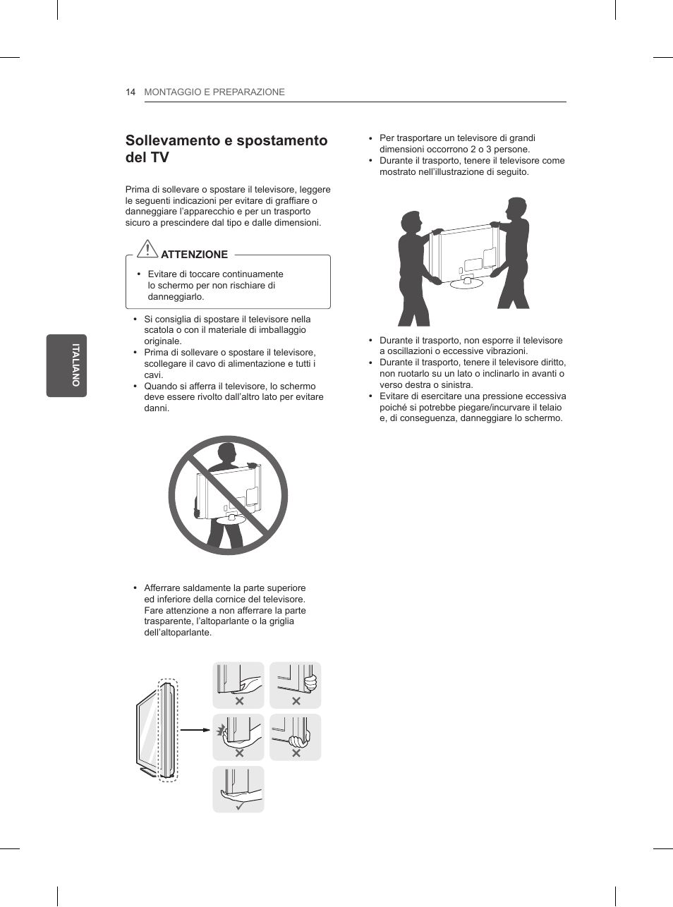 Sollevamento e spostamento del tv | LG 42LN5200 User Manual | Page 96 / 208