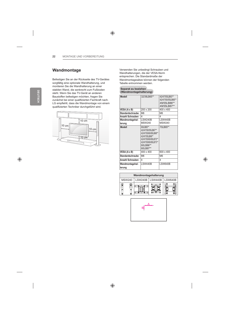 Wandmontage | LG 60LB730V User Manual | Page 100 / 356