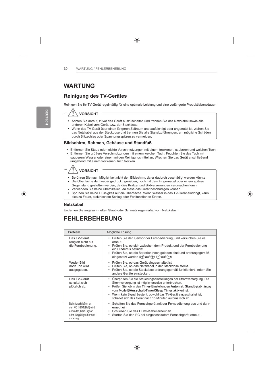 Wartung, Fehlerbehebung, Reinigung des tv-gerätes | LG 60LB730V User Manual | Page 108 / 356