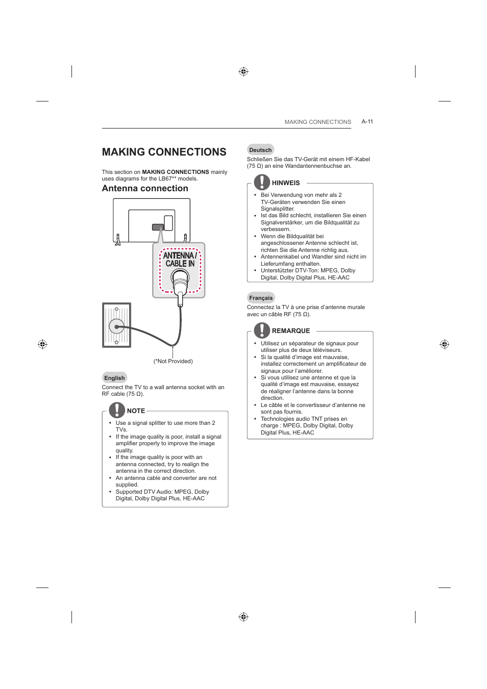 Making connections, Antenna connection, Antenna / cable in | LG 60LB730V User Manual | Page 11 / 356