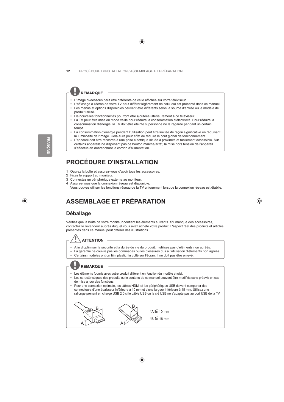 Procédure d'installation, Assemblage et préparation, Déballage | LG 60LB730V User Manual | Page 122 / 356