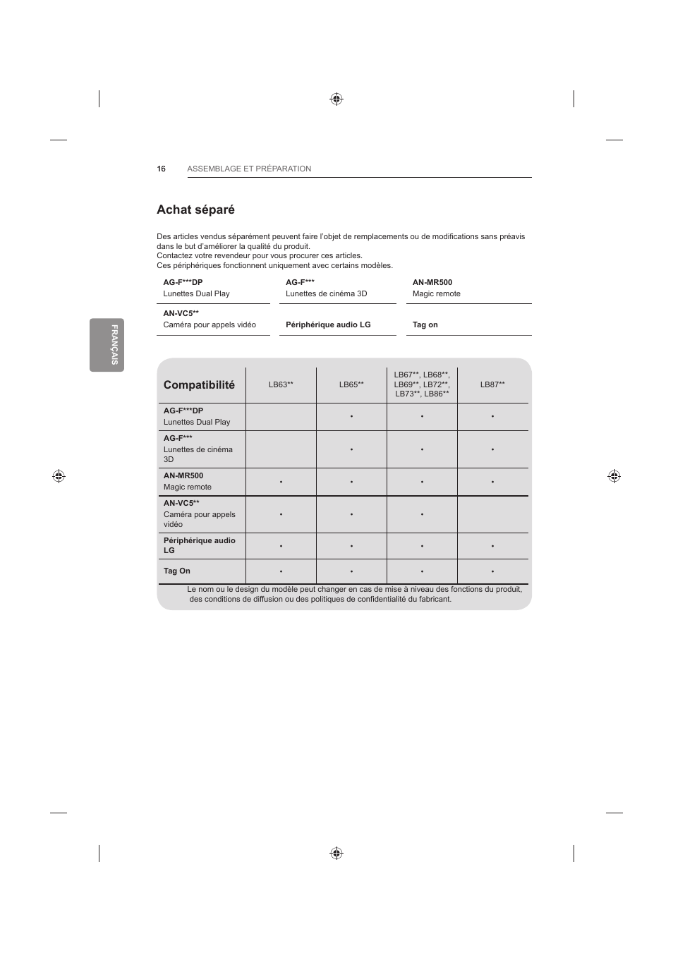 Achat séparé, Compatibilité | LG 60LB730V User Manual | Page 126 / 356