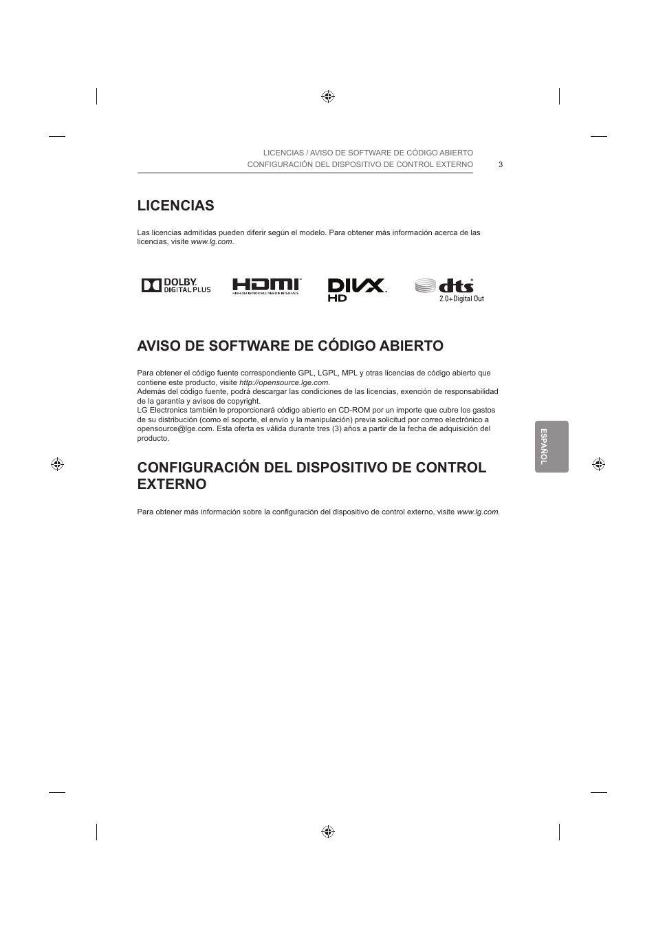 Licencias, Aviso de software de código abierto, Configuración del dispositivo de control externo | LG 60LB730V User Manual | Page 189 / 356