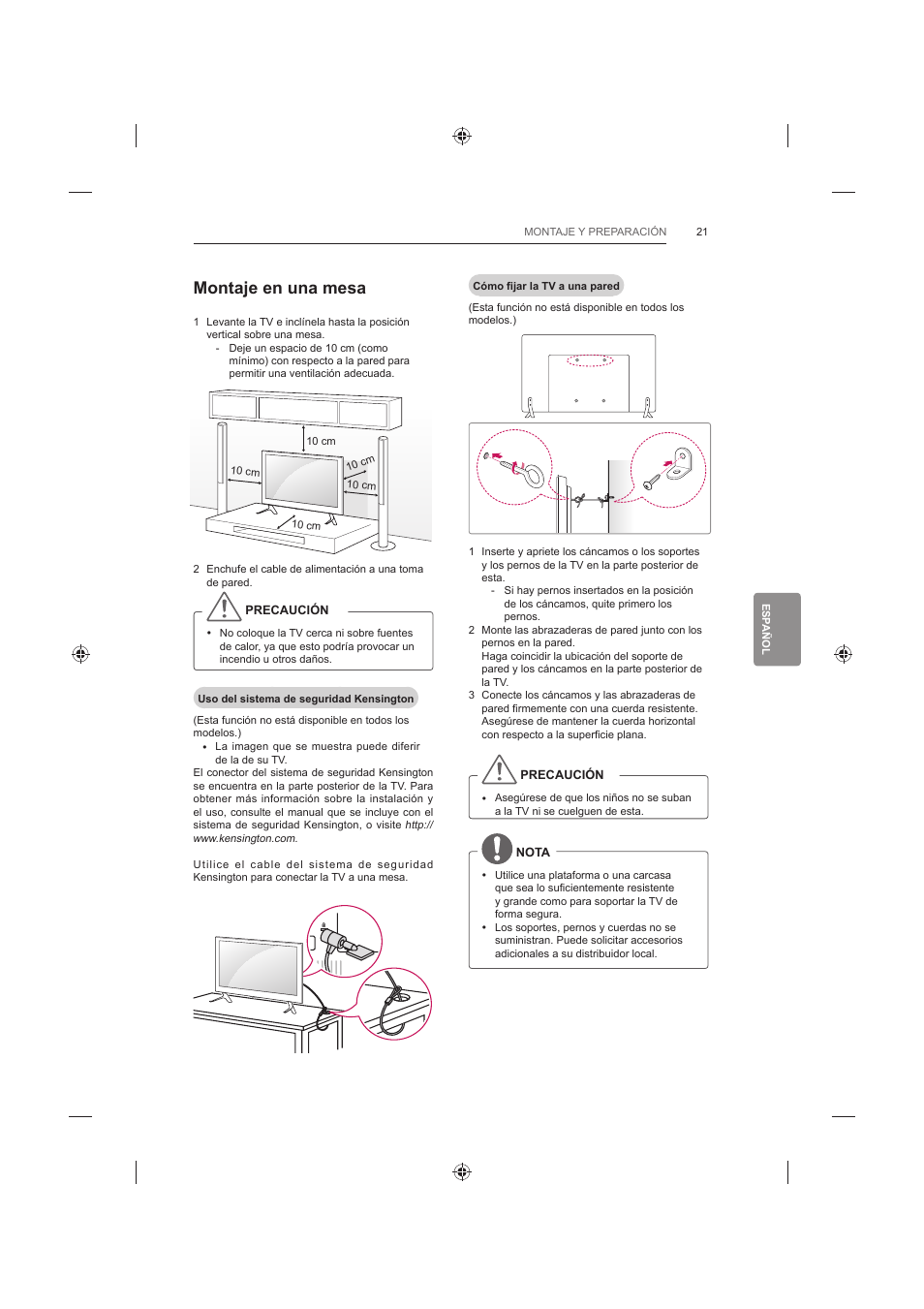 Montaje en una mesa | LG 60LB730V User Manual | Page 207 / 356