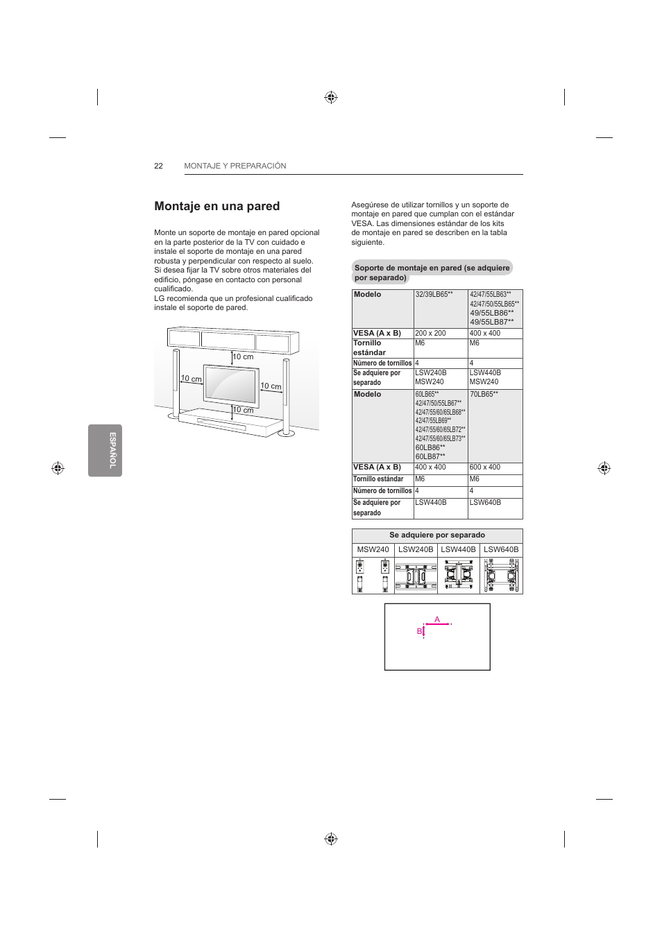 Montaje en una pared | LG 60LB730V User Manual | Page 208 / 356