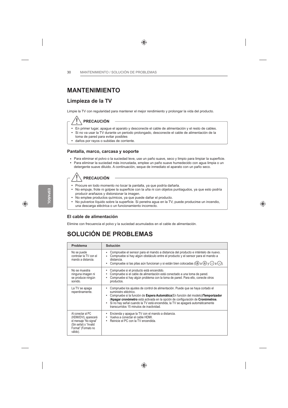 Mantenimiento, Solución de problemas, Limpieza de la tv | LG 60LB730V User Manual | Page 216 / 356