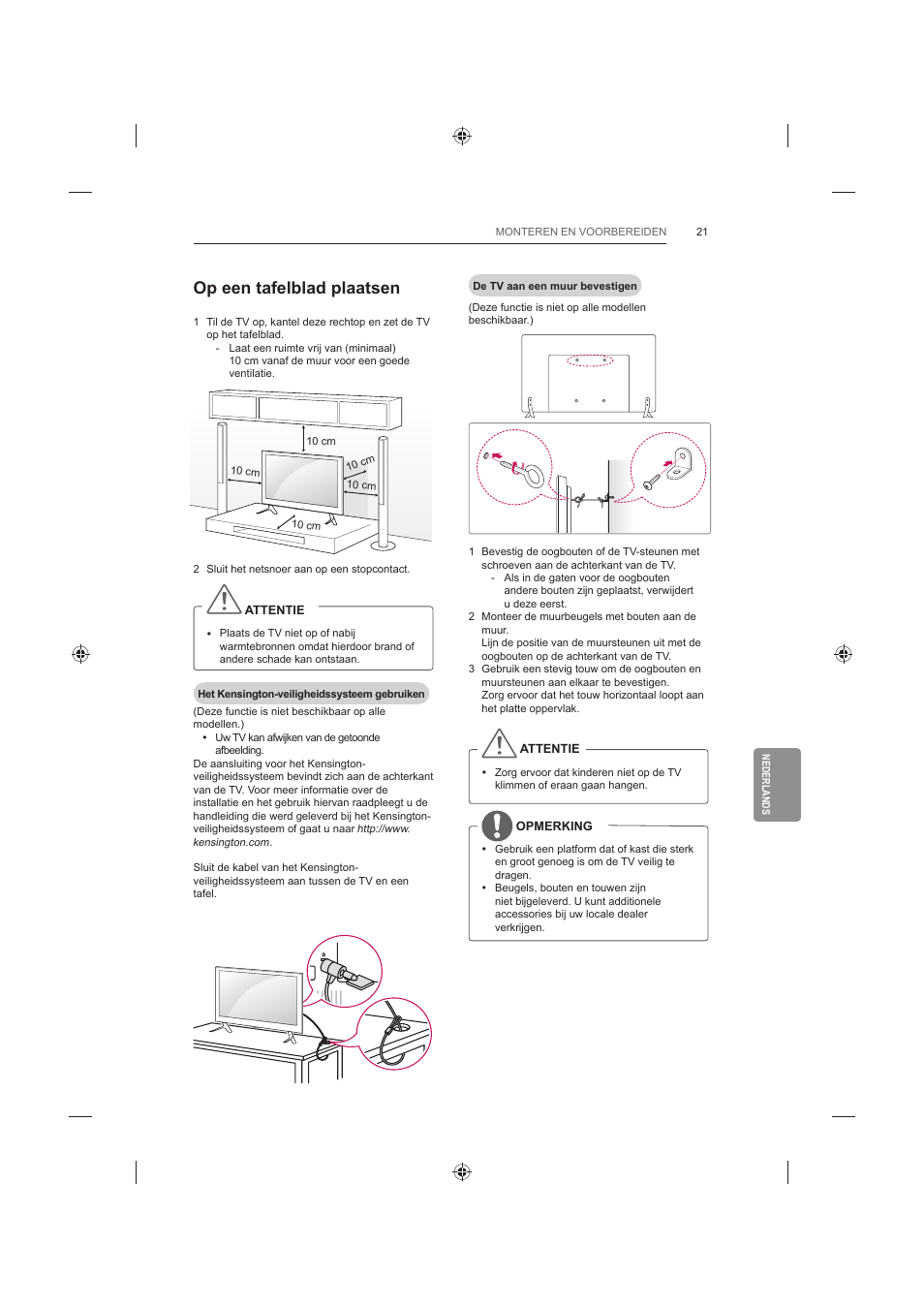 Op een tafelblad plaatsen | LG 60LB730V User Manual | Page 271 / 356