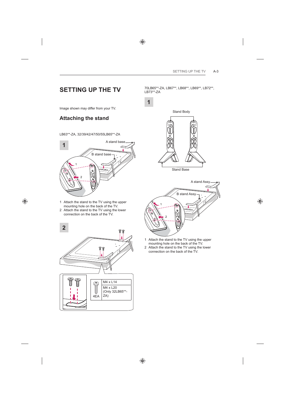 Setting up the tv, Attaching the stand | LG 60LB730V User Manual | Page 3 / 356