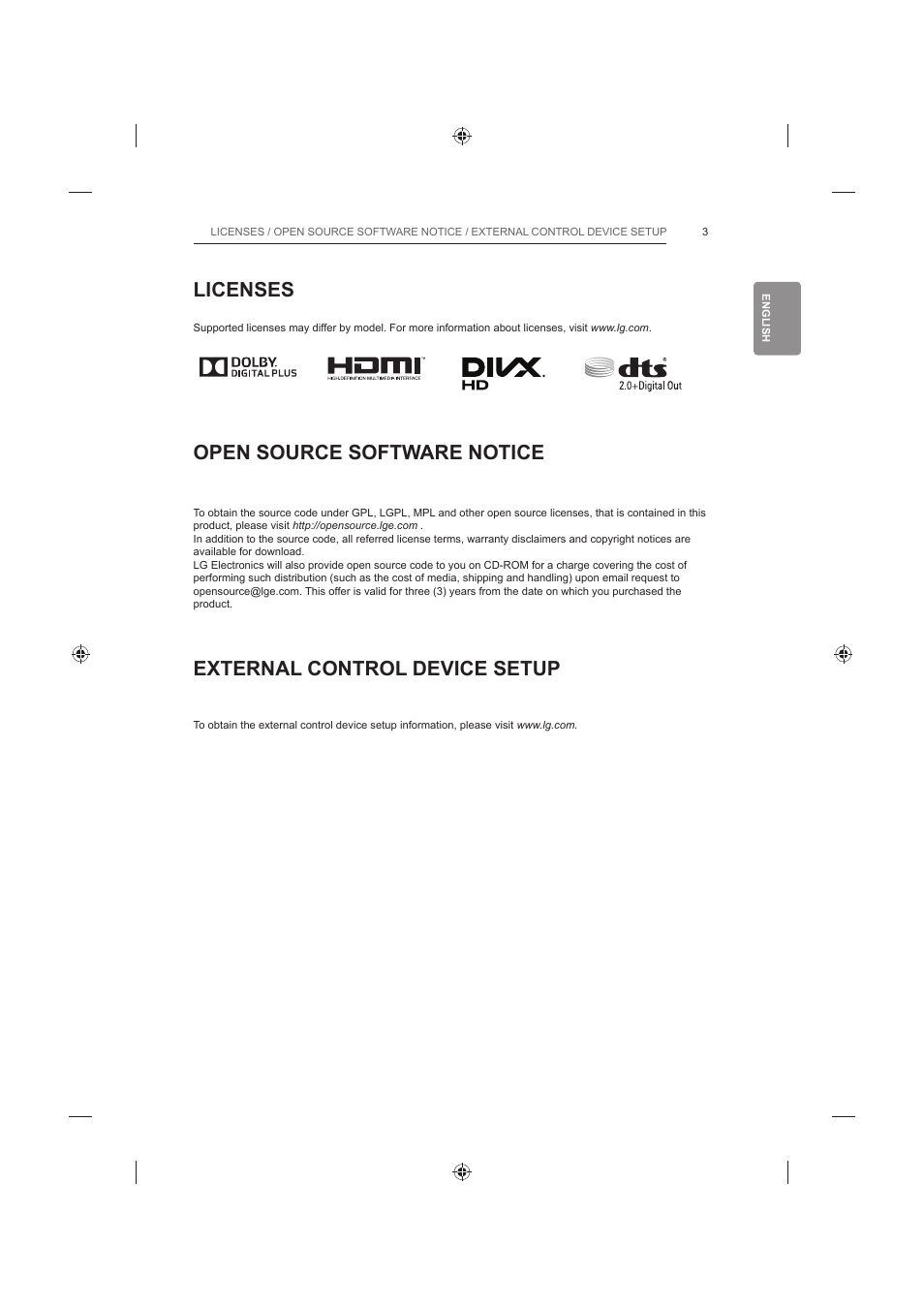 Licenses, Open source software notice, External control device setup | LG 60LB730V User Manual | Page 49 / 356