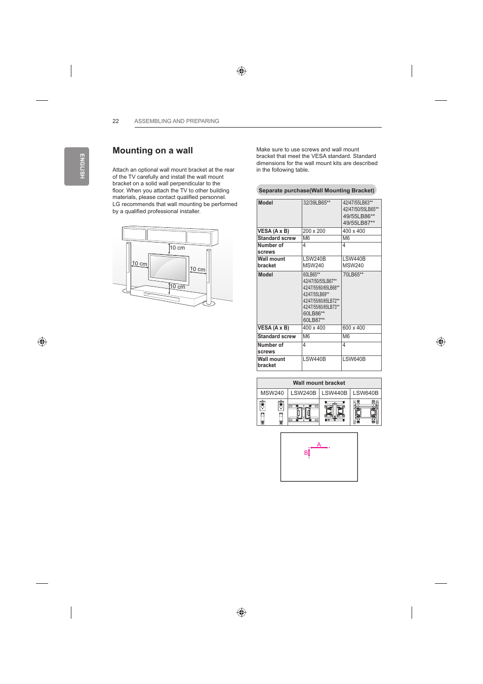 Mounting on a wall | LG 60LB730V User Manual | Page 68 / 356