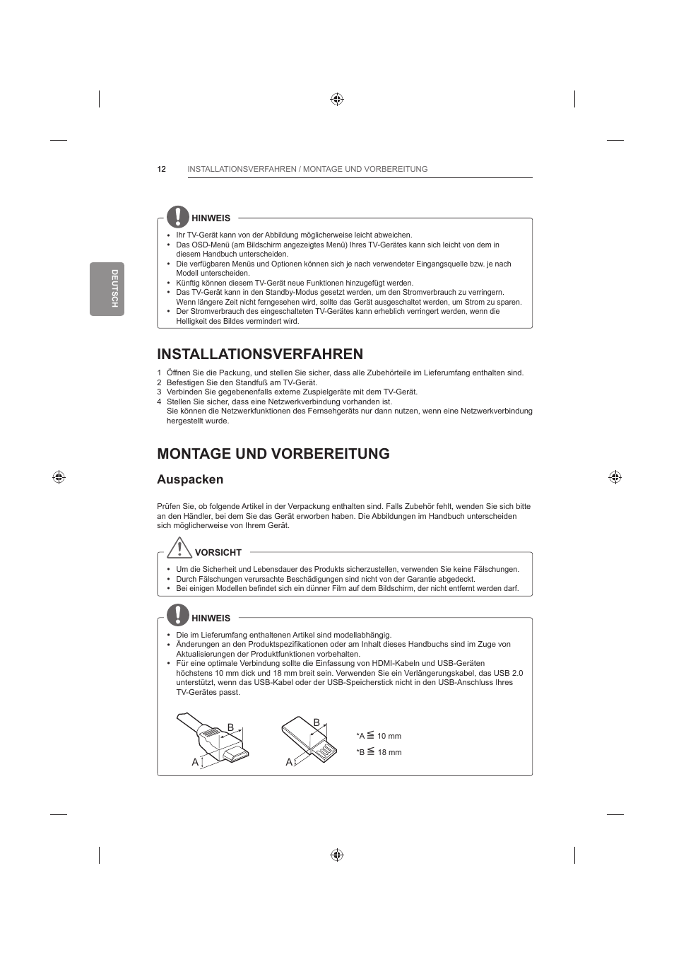 Installationsverfahren, Montage und vorbereitung, Auspacken | LG 60LB730V User Manual | Page 90 / 356