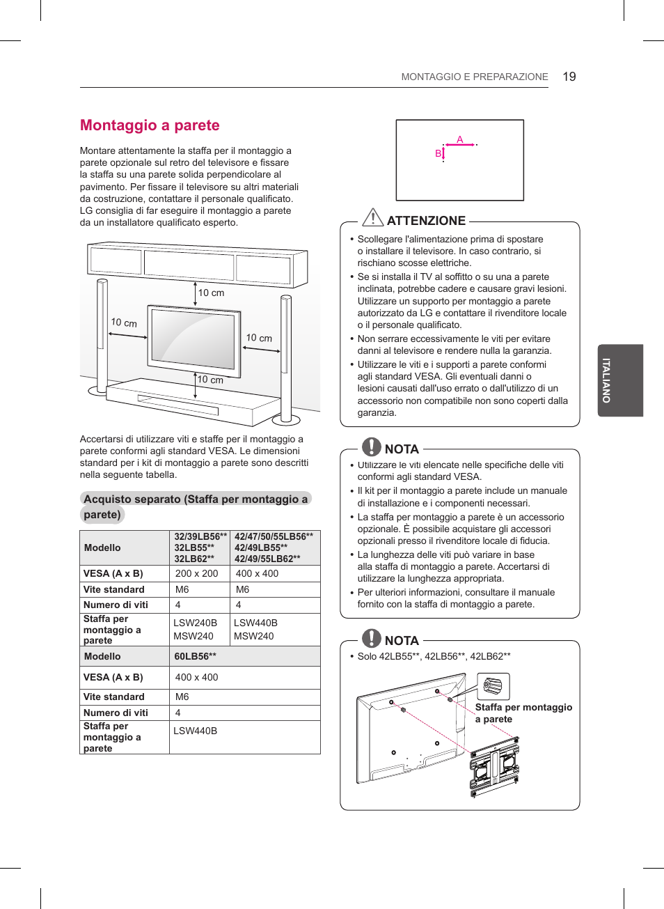 Montaggio a parete, Attenzione, Nota | LG 55LB6200 User Manual | Page 119 / 288