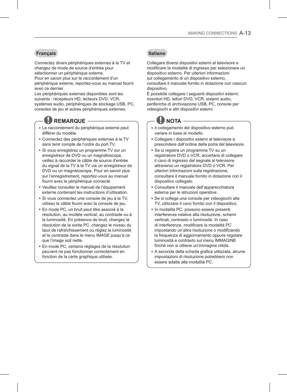 A-13, Remarque, Nota | LG 55LB6200 User Manual | Page 13 / 288