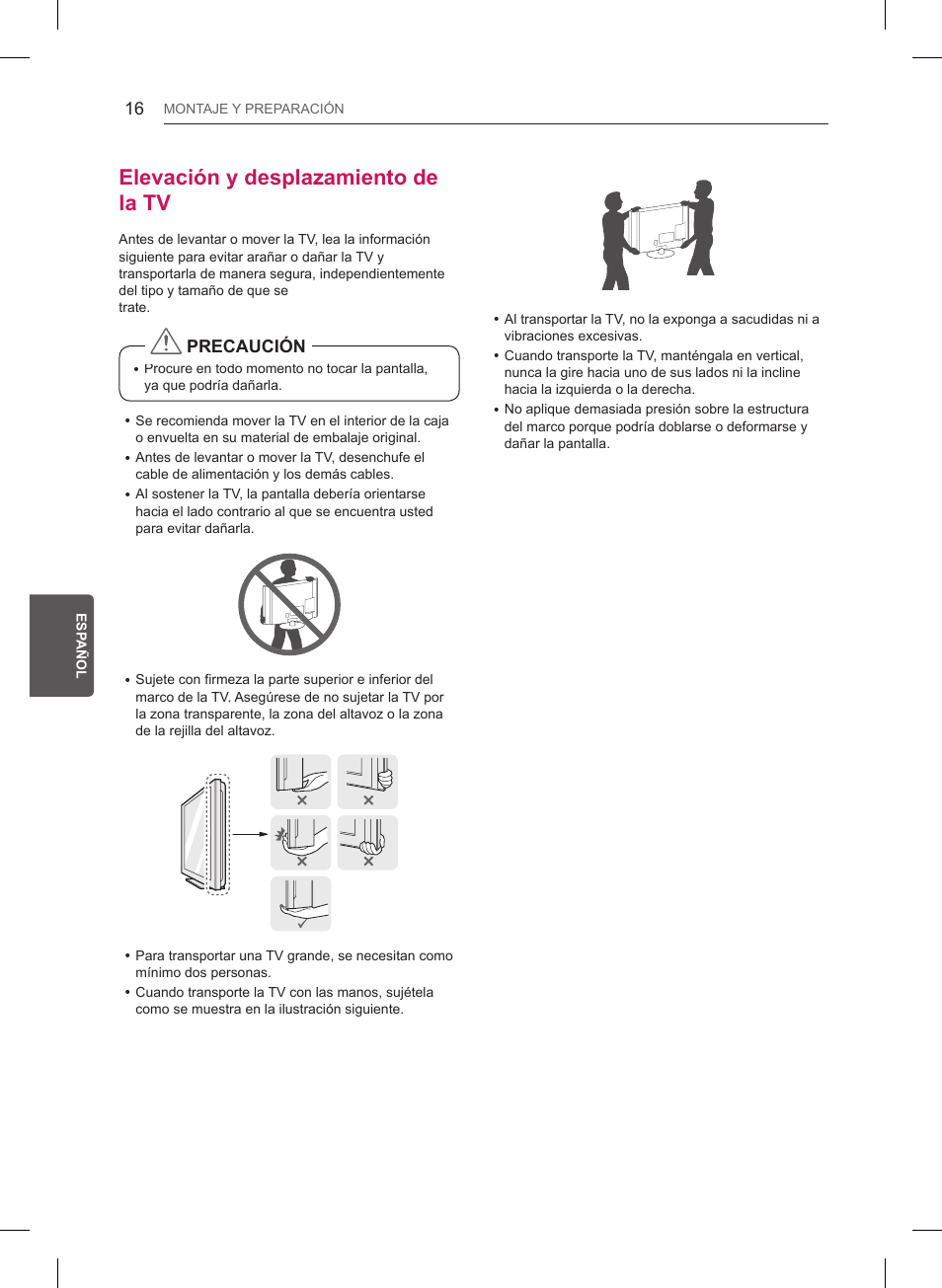 Elevación y desplazamiento de la tv, Precaución | LG 55LB6200 User Manual | Page 154 / 288