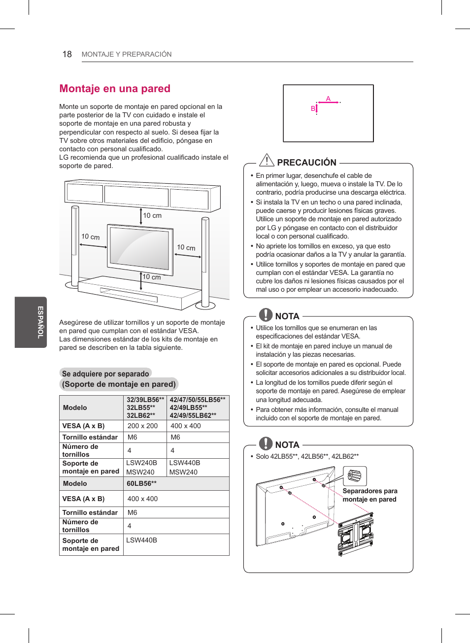 Montaje en una pared, Precaución, Nota | LG 55LB6200 User Manual | Page 156 / 288