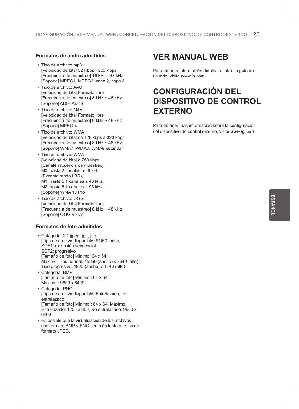 Ver manual web, Configuración del dispositivo de control externo | LG 55LB6200 User Manual | Page 163 / 288