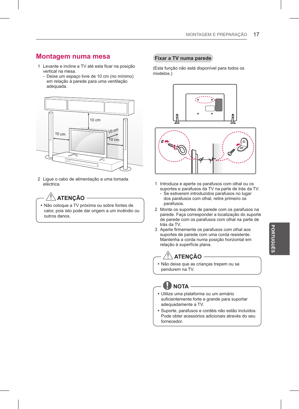 Montagem numa mesa, Atenção, Nota | LG 55LB6200 User Manual | Page 183 / 288