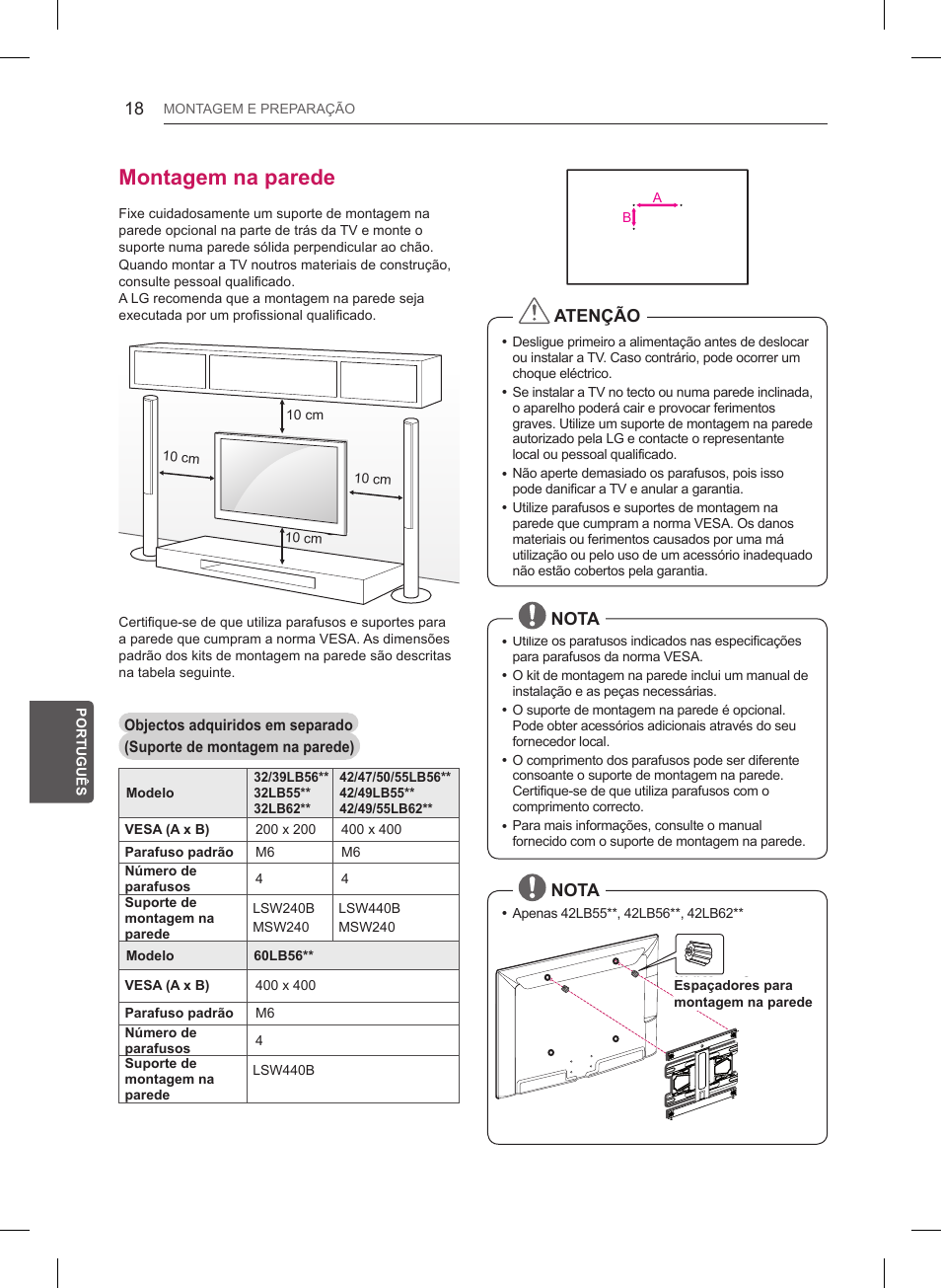 Montagem na parede, Atenção, Nota | LG 55LB6200 User Manual | Page 184 / 288