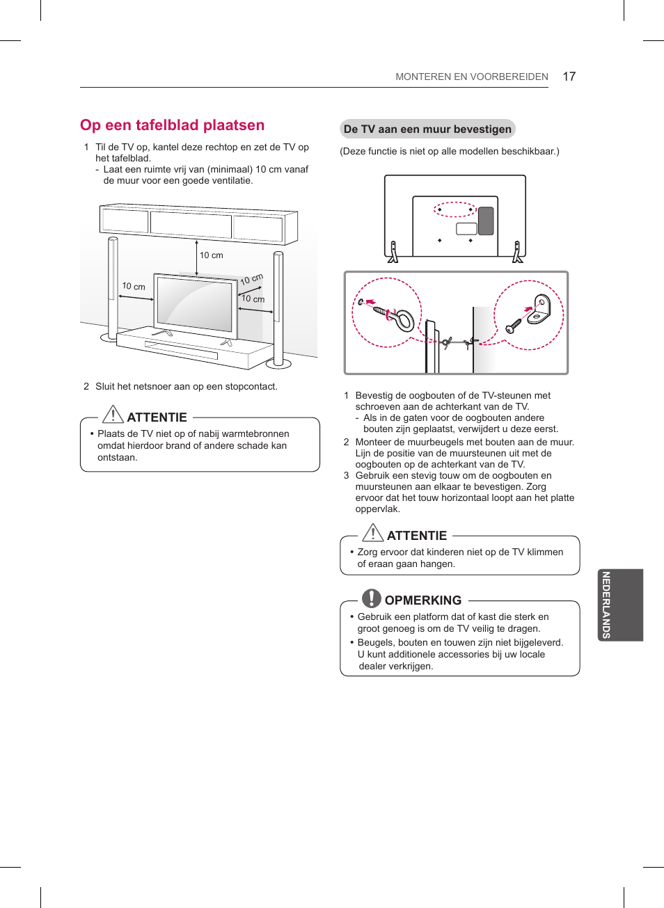 Op een tafelblad plaatsen, Attentie, Opmerking | LG 55LB6200 User Manual | Page 211 / 288