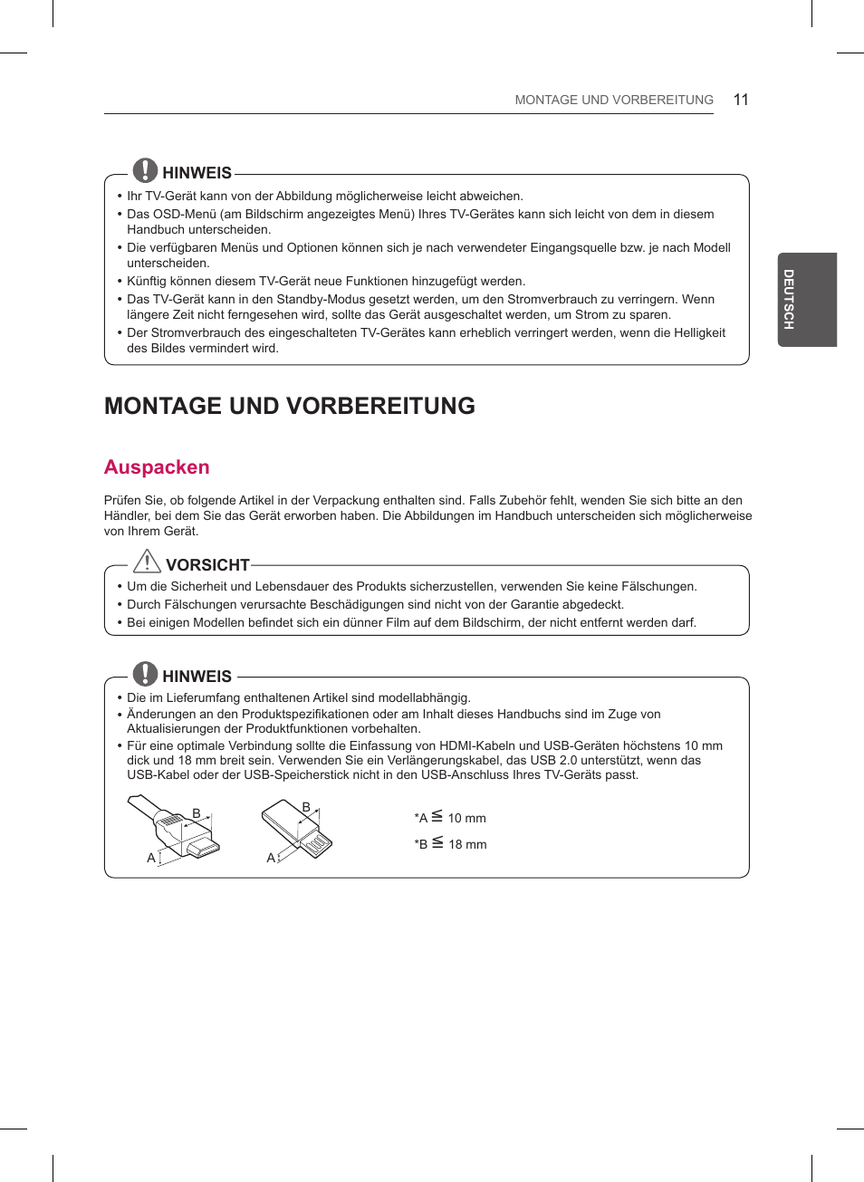 Montage und vorbereitung, Auspacken | LG 55LB6200 User Manual | Page 55 / 288