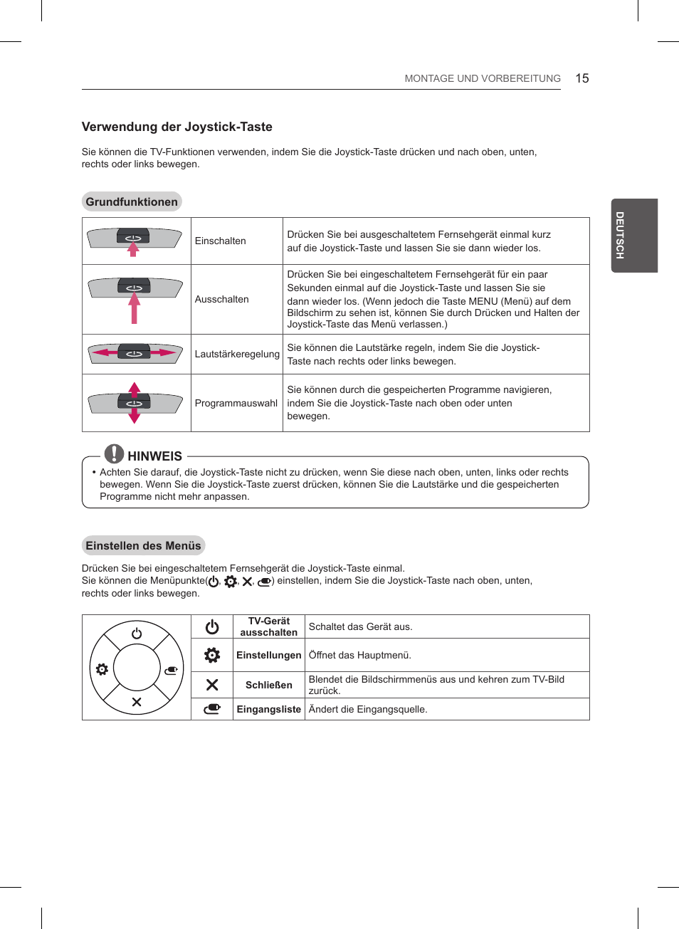 Verwendung der joystick-taste, Hinweis | LG 55LB6200 User Manual | Page 59 / 288