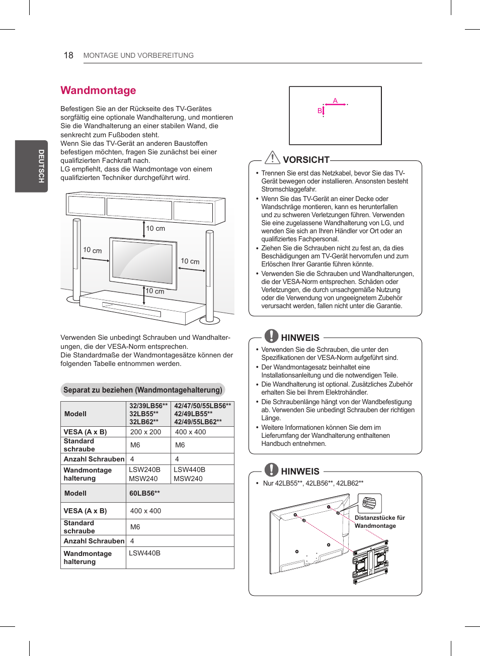 Wandmontage, Vorsicht, Hinweis | LG 55LB6200 User Manual | Page 62 / 288