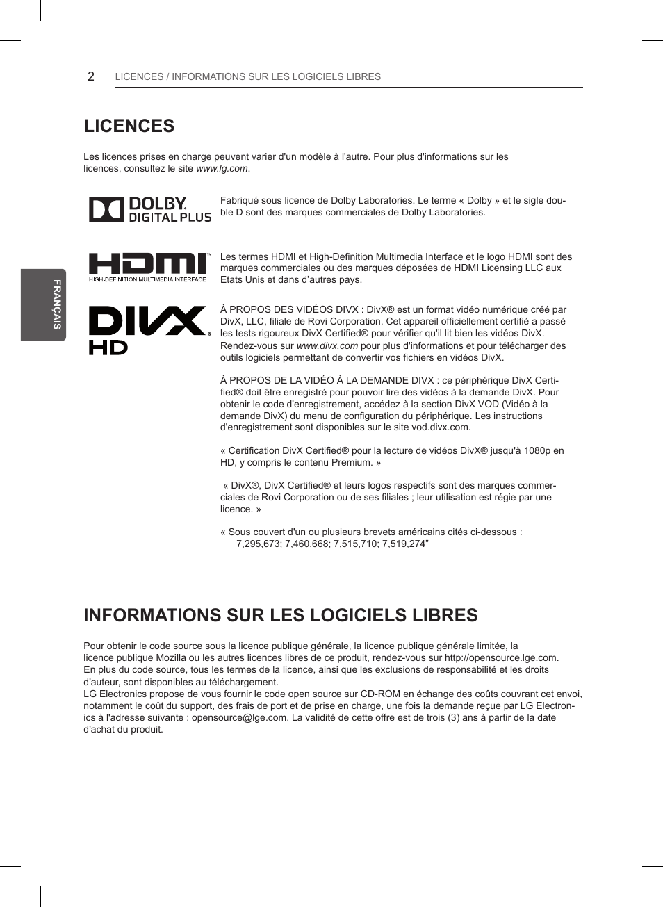 Licences, Informations sur les logiciels libres | LG 55LB6200 User Manual | Page 74 / 288