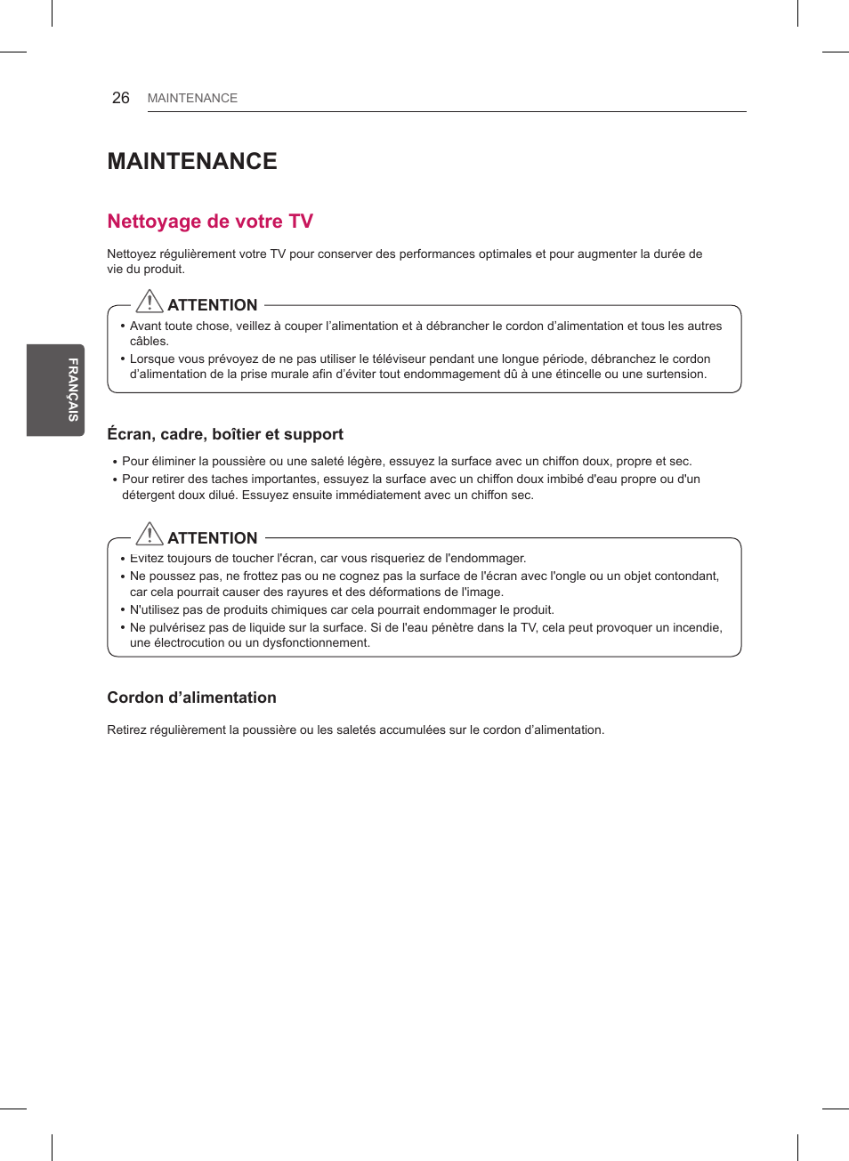 Maintenance, Nettoyage de votre tv | LG 55LB6200 User Manual | Page 98 / 288