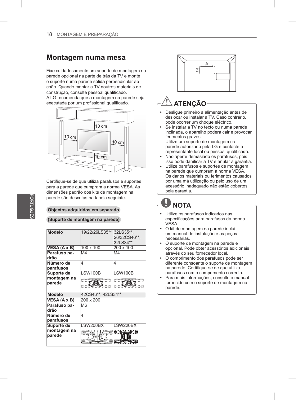 Montagem numa mesa, Atenção, Nota | LG 32LS3590 User Manual | Page 144 / 214