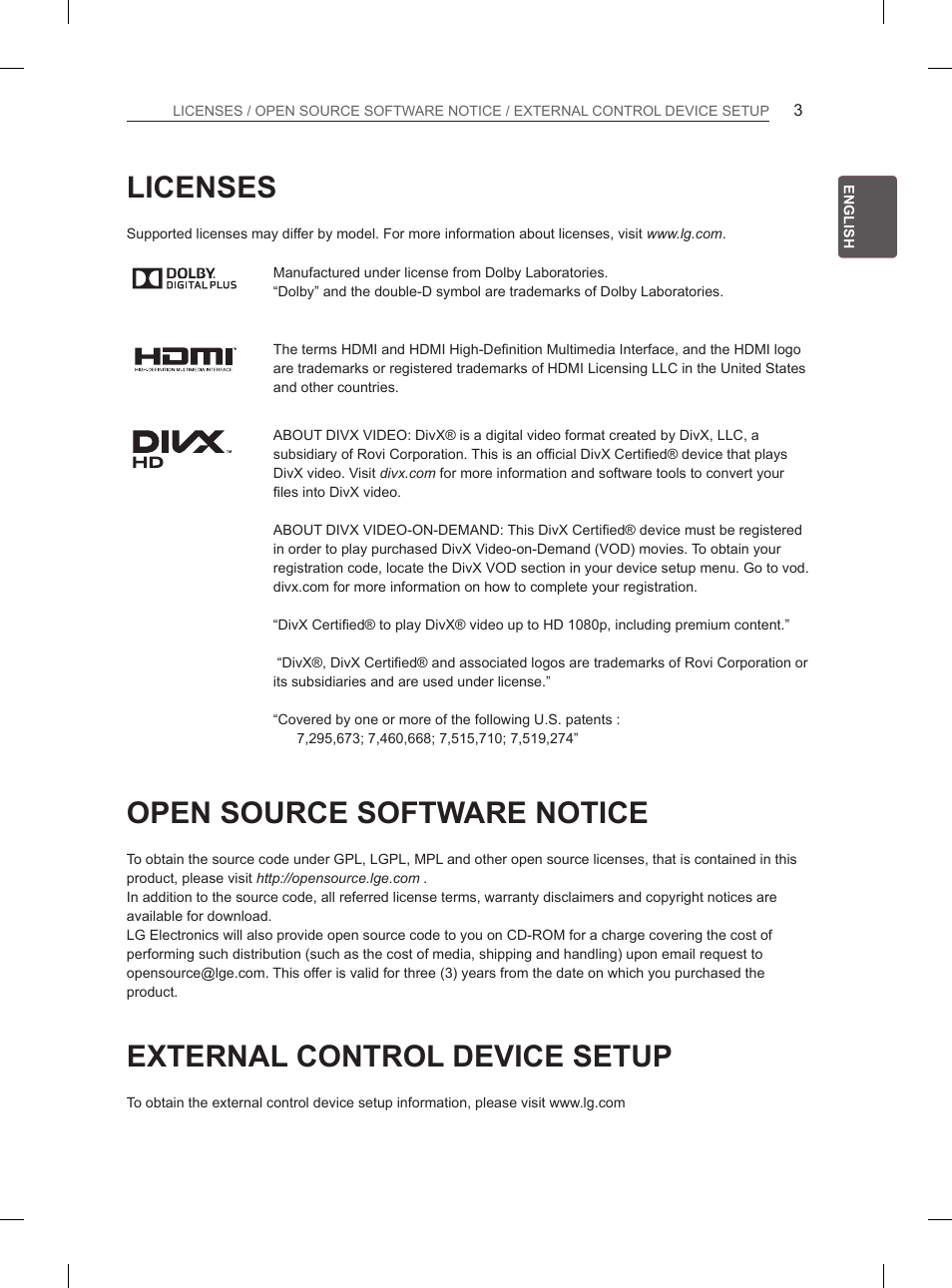 Licenses, Open source software notice, External control device setup | LG 26LN450B User Manual | Page 10 / 223